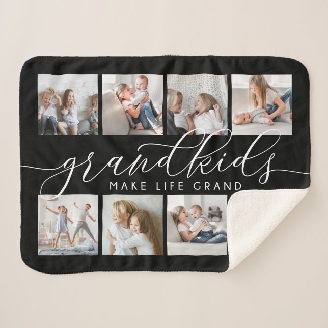 Black | Grandkids Make Life Grand Photo Collage Sherpa Blanket (Front (Horizontal))