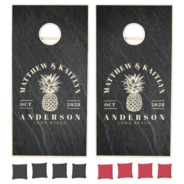 Black Granite Stone Tropical Pineapple Wedding Cornhole Set (Set)
