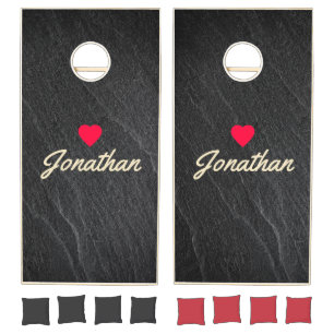 Black Granite Stone Vintage Heart Signature Cornhole Set