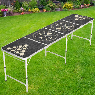 Black Granite Wedding Heart Crossing Initial Beer Pong Table