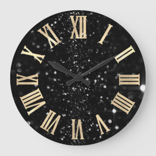 Black Graphite Glitter Gold Champaig Roman Numbers Large Clock