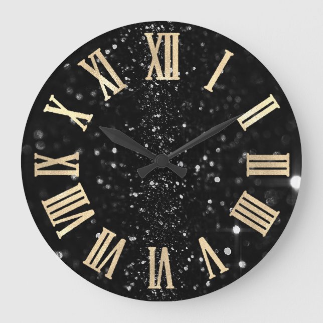 Black Graphite Glitter Gold Champaig Roman Numbers Large Clock (Front)