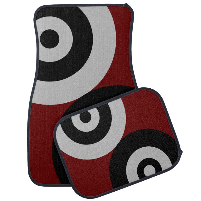 Black & Gray Abstract Circles on Burgundy Car Floor Mat (Set)