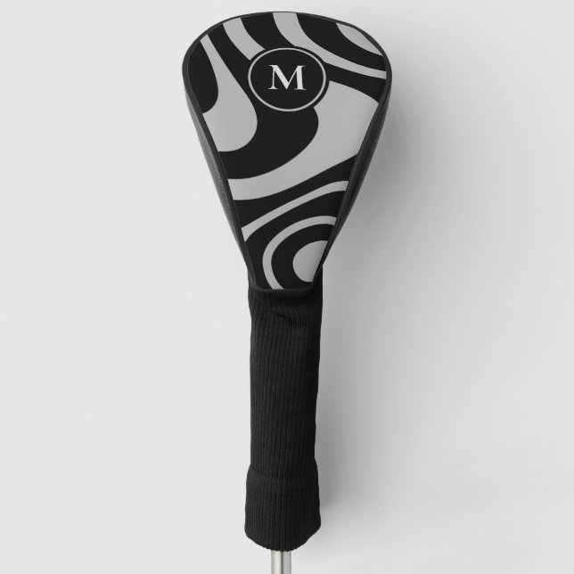 Black Gray Abstract Design Custom Initial Driver Golf Head Cover (Front)