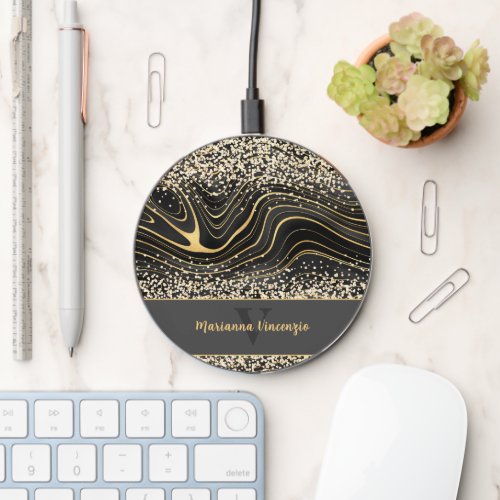 Black Gray Agate Gem Glitter and Gold Monogram Wireless Charger