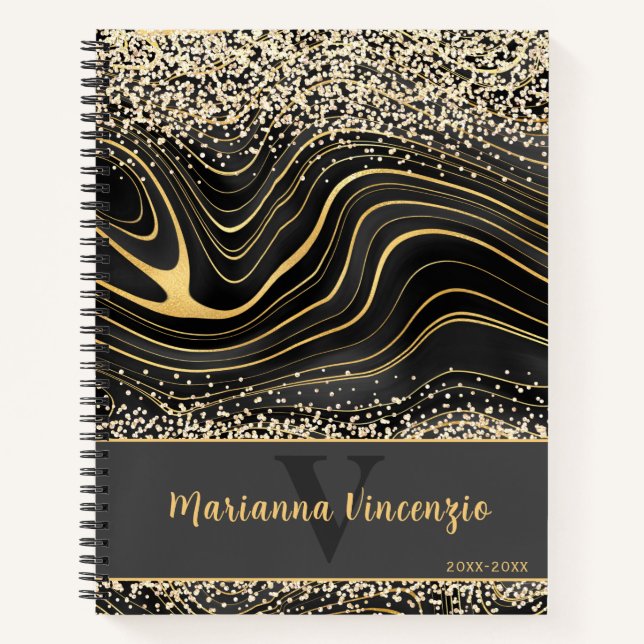 Black Gray Agate Gem Glitter and Gold Notebook (Front)
