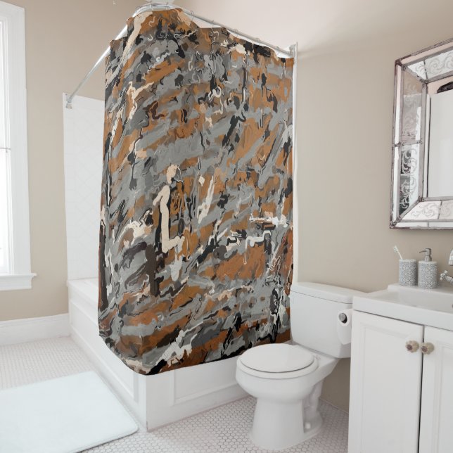 Black, Gray and Caramel Abstract Shower Curtain (In Situ)