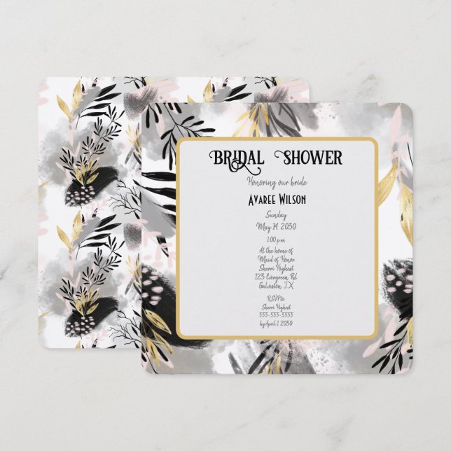Black, Gray and Gold Leafy Shower Invitation (Front/Back)