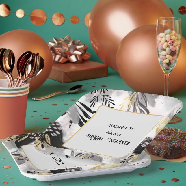 Black, Gray and Gold Leafy Shower Paper Plates (Multi)