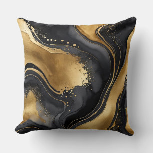 black, gray and gold splatter abstract throw pillow