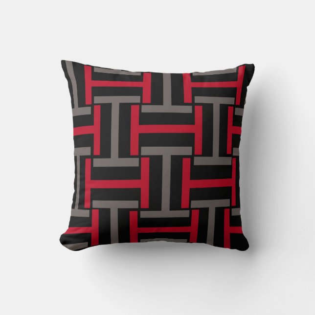 Black, Gray and Red T Weave Throw Pillow (Front)