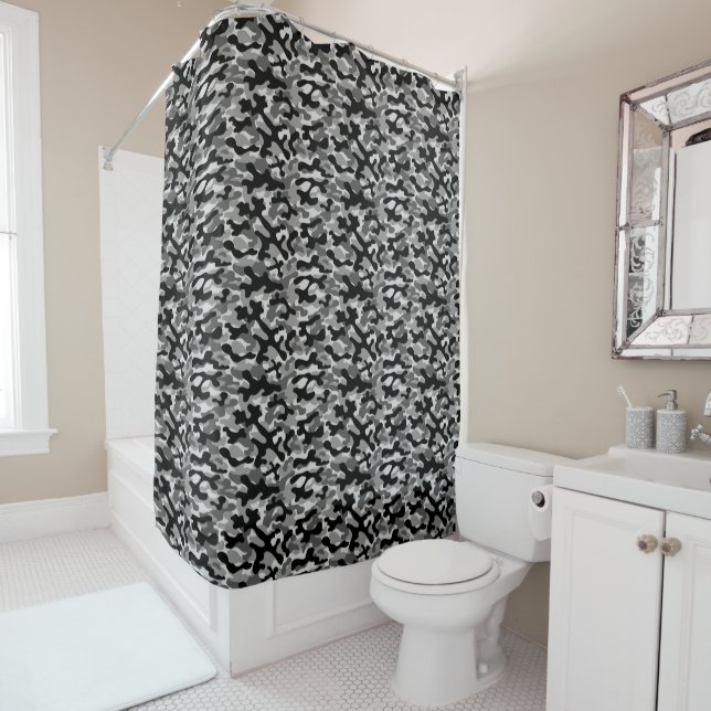 Black Gray And White Abstract Camo Pattern  Shower Curtain (In Situ)