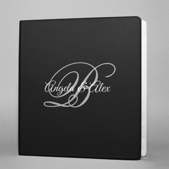 Black Gray and White Fancy Script Monogram 3 Ring Binder (Creator Uploaded)