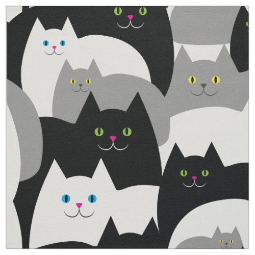 Black Gray and White Kitty Cats Smiling Fabric