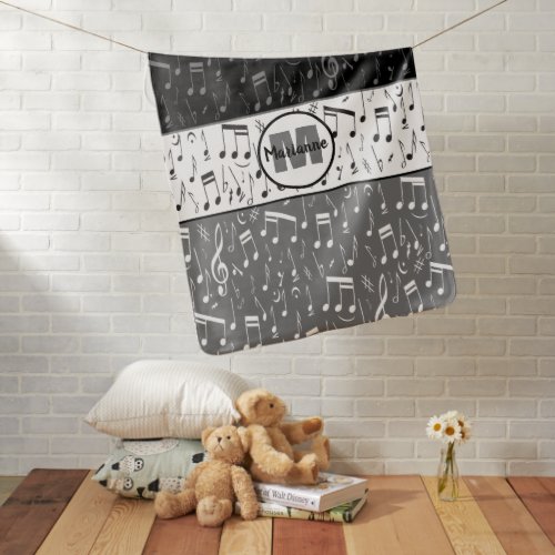 Black gray and white music notes baby blanket