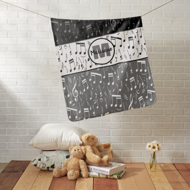 Black gray and white music notes baby blanket (In Situ)