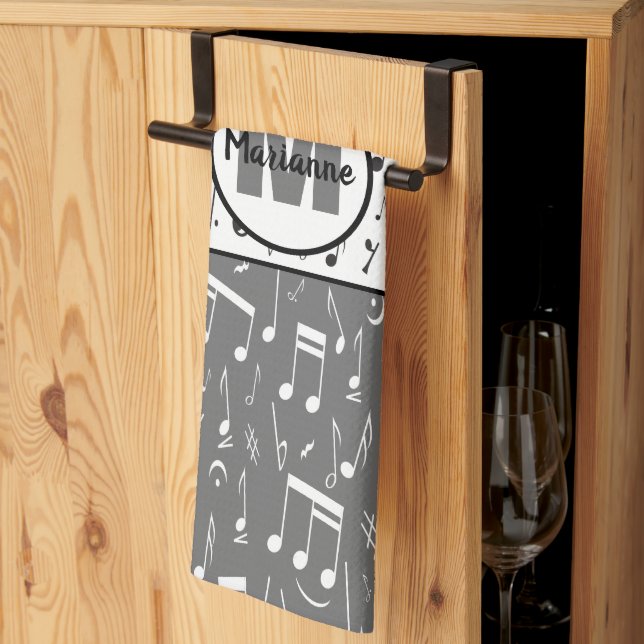 Black gray and white music notes kitchen towel (Thirds Fold)