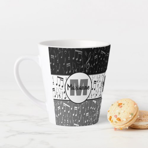 Black gray and white music notes latte mug