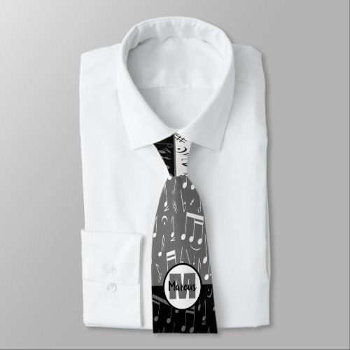 Black gray and white music notes neck tie