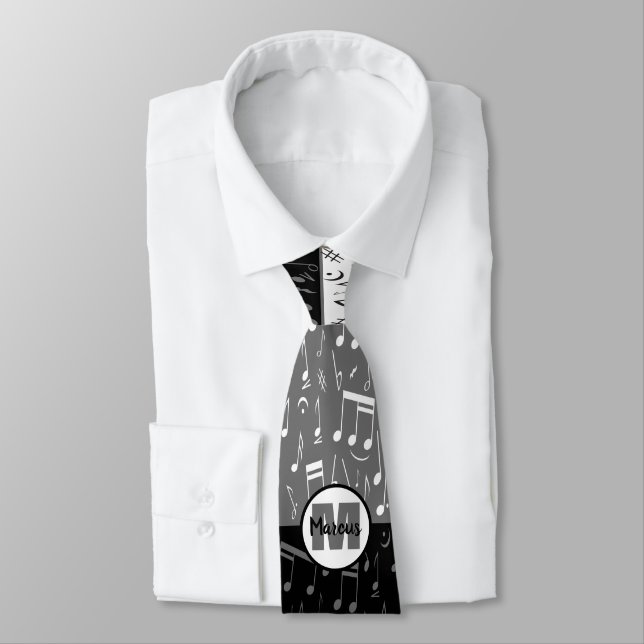 Black gray and white music notes neck tie (Tied)