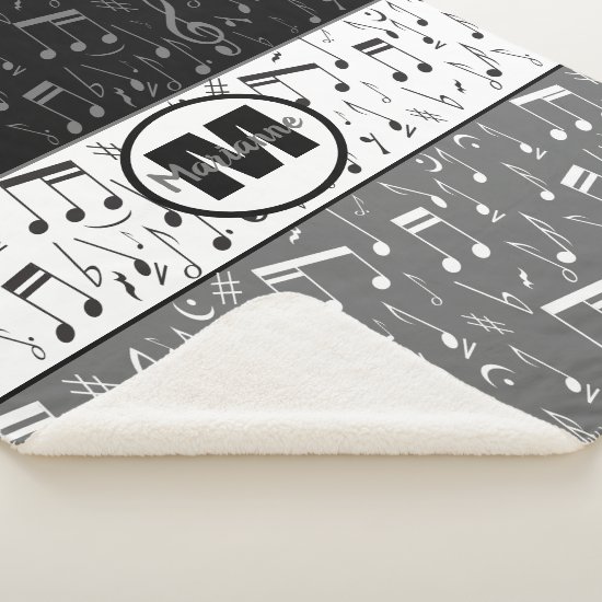 Black gray and white music notes sherpa blanket