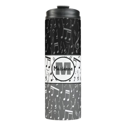 Black gray and white music notes thermal tumbler