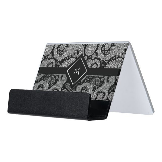 Black Gray and White Paisley Initial Desk Business Card Holder (Angled Front)