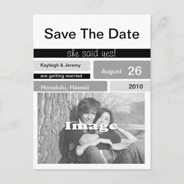Black Gray and White Photo Save The Date Postcard (Front)
