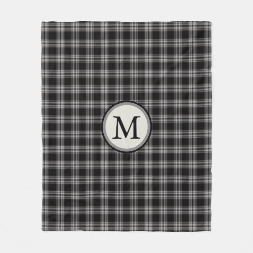 Black Gray And White Plaid Pattern Monogram Fleece Blanket