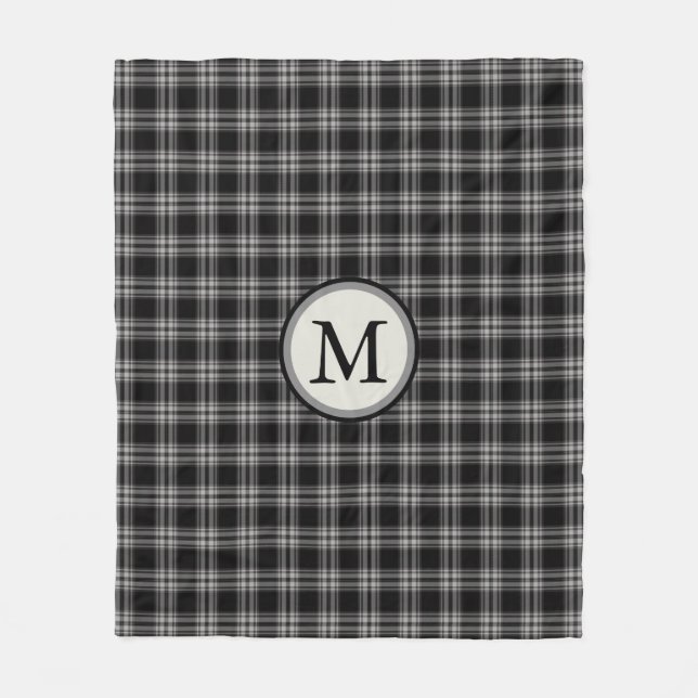 Black Gray And White Plaid Pattern Monogram Fleece Blanket (Front)