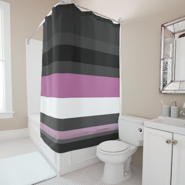 Black, Gray and White Stripes Shower Curtain (In Situ)