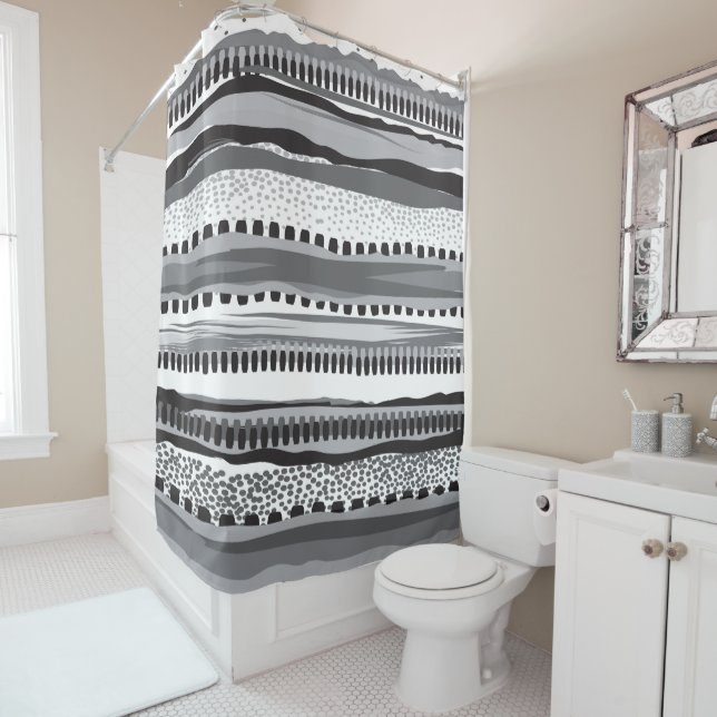Black gray and white tribal pattern shower curtain (In Situ)