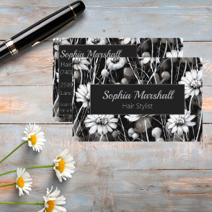 Black, Gray and White Wildflowers with QR Code Business Card