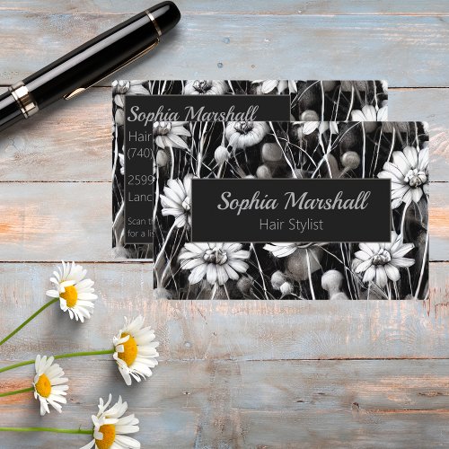 Black Gray and White Wildflowers with QR Code  Business Card