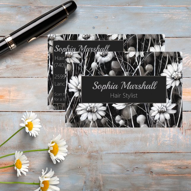 Black, Gray and White Wildflowers with QR Code  Business Card (Creator Uploaded)