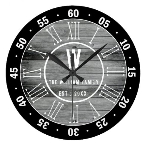 Black Gray Barn Wood Family Monogram 60 Minutes Large Clock