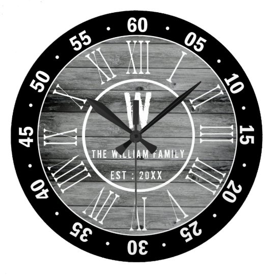 Black Gray Barn Wood Family Monogram 60 Minutes Large Clock