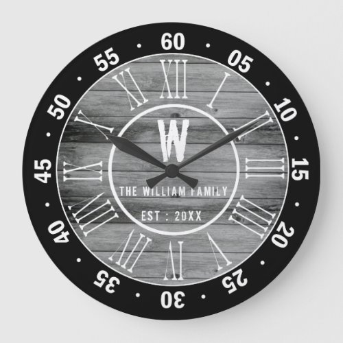 Black Gray Barn Wood  Family Monogram 60 Minutes Large Clock