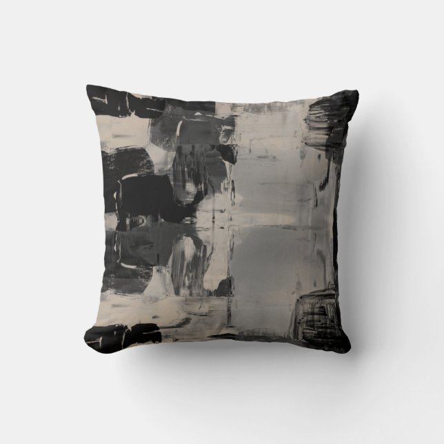 Black Gray & Beige Artistic Abstract Colorblock Throw Pillow (Front)