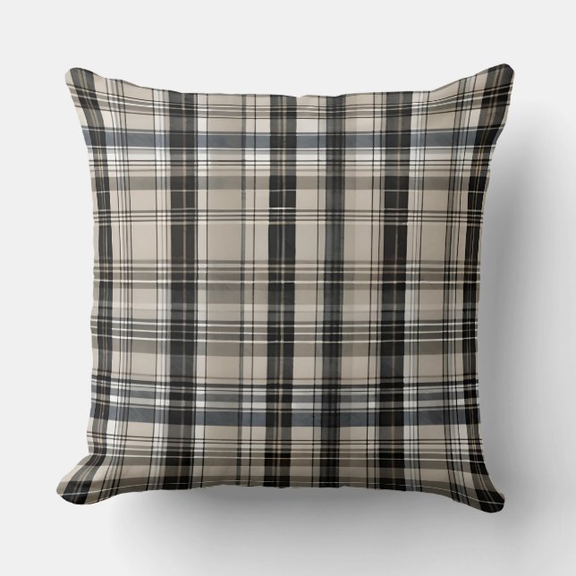 Black Gray Beige Checkered Plaid Throw Pillow (Front)