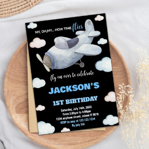 Black Gray Blue Airplane Birthday Invitations