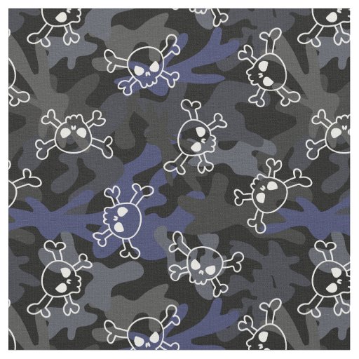 Black Gray Blue Camo Pattern Skulls Fabric
