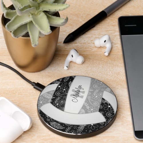 black gray boho floral volleyball wireless charger 