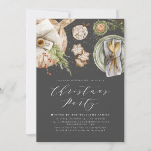 Black Gray Boho Watercolor Christmas Party Dinner Invitation