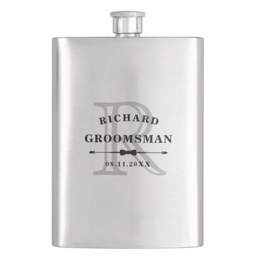 Black Gray Bow Tie Monogram Groomsman Wedding Flask