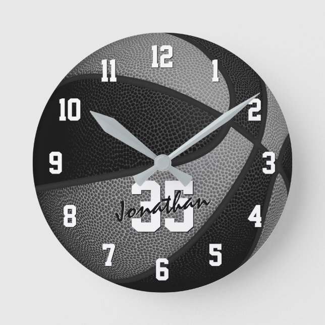 black gray boys girls basketball personalized round clock (Front)