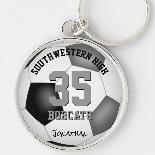 black gray boys girls jersey number name soccer keychain (Front)