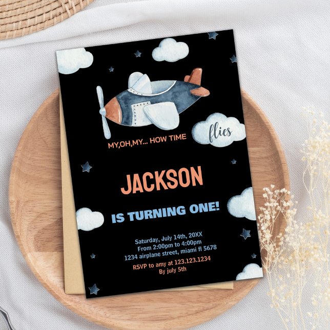 Black Gray Brown Airplane Birthday Invitations (Black Gray Brown Airplane Birthday Invitations)