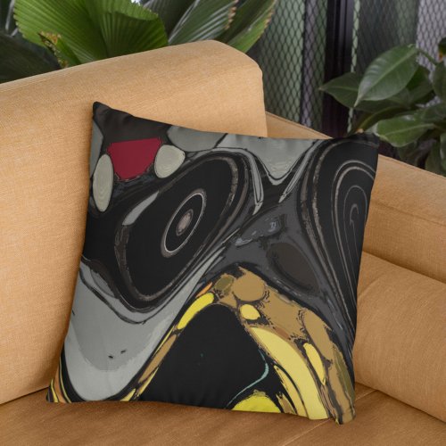 Black Gray Burgundy Yellow Abstract Throw Pillow