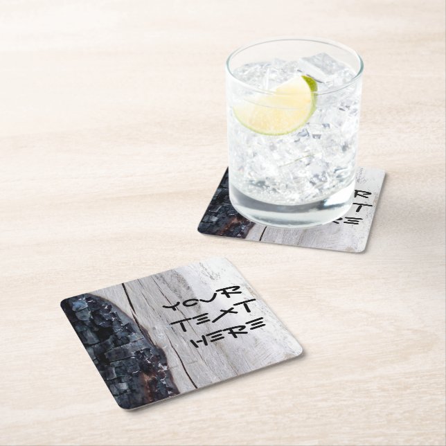 Black Gray Burnt Tree Bark Square Paper Coaster (Insitu)